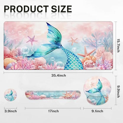 Britimes Pink Cute Deep Sea Mermaid Keyboard Mouse Pad Set 4in1 Large Mousepad+Keyboard Wrist Rest+Mouse Wrist Rest+Coaster Set with Ergonomic Design for Home Office Computer 35.4x15.7 inches - color: Mermaid