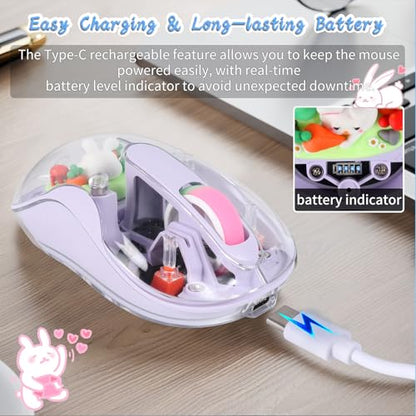 elec Space Cute Wireless USB C Mouse - Bluetooth Triple Mode Rechargeable Cartoon Mouse for Laptops, iPads & MacBook Air/Pro - Silent Operation, Portable Design, Unique Magnetic Character (Purple) - color: Purple