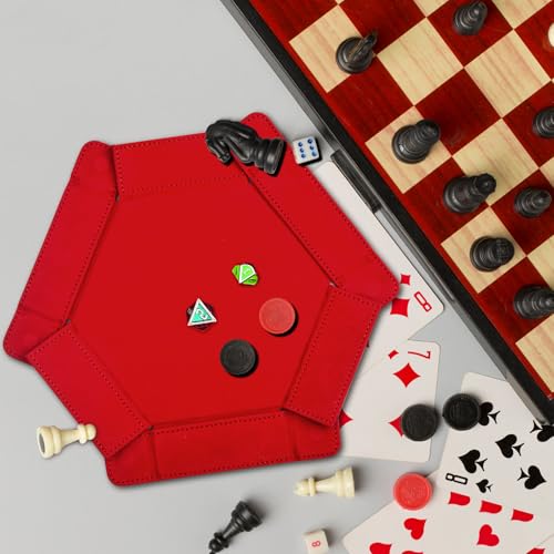 SIQUK Magnetic Folding Dice Tray Hexagon Dice Rolling Tray PU Leather Dice Trays Foldable Dice Holder Dice Rolling Mat Storage Box for D&D RPG Dice Games, Red - color: Red