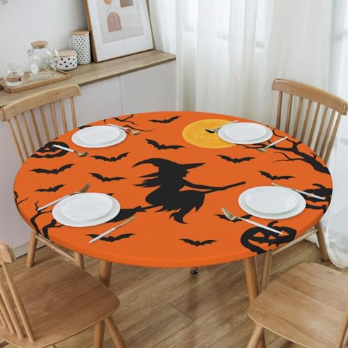Famame Halloween Witch Moon Pumpkins Round Fitted Tablecloth with Elastic Protector Table Kitchen Dinner Waterproof Oil-Proof Table Covers Fits 40"-44", Small - color: Halloween Witch Moon Pumpkins, size: Small (40"-44")