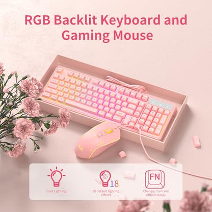 Pink Creamy Keyboard and Mouse Combo,MageGee GK980 Wired RGB Backlit Keyboard and Pink Gaming Mouse Combo,PC Keyboard and Adjustable Sensitivity Mouse for PC/loptop/MAC - color: Pink RGB