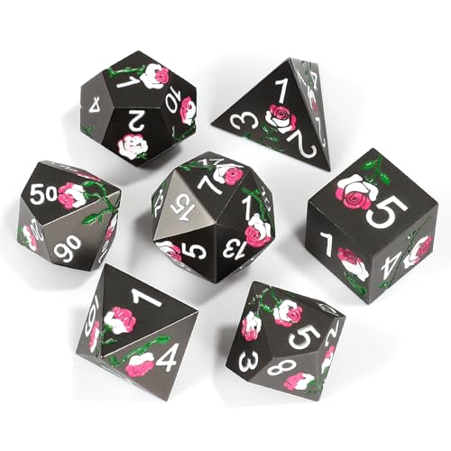 Rose Engraved Metal Dice Set 7PCS for DND RPG Tabletop Gaming | Solid zinc alloy build with 150g weight for balanced rolls(Dark Grey with Iridescent Rose) - color: Dark Grey With Iridescent Rose