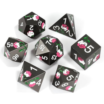 Rose Engraved Metal Dice Set 7PCS for DND RPG Tabletop Gaming | Solid zinc alloy build with 150g weight for balanced rolls(Dark Grey with Iridescent Rose) - color: Dark Grey With Iridescent Rose