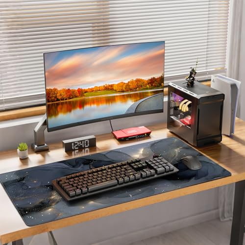 Extended Gaming Mouse Pad, Navy Blue Marble Pattern, 35.4 x 15.7 inches, XXL Extra Large Desktop Pad, Non-Slip Base, Waterproof, Suitable for Home Gaming and Office Use - color: Gray Marble Design