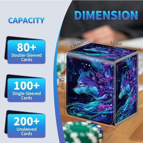 Card Deck Box for Trading Cards,MTG Commander Deck Box Fits 100+ Single Sleeved Cards,Leather Magnetic Card Storage Box for YuGiOh TCG CCG Cards,Purple Wolf - color: Purple Wolf