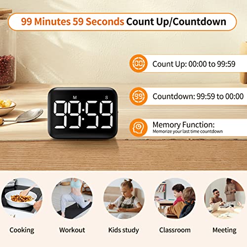 VOCOO Magnetic Kitchen Timer for Cooking with Count Up Countdown, Digital Timer Battery Powered with Large Display, 2 Brightness and Volume Levels for Classroom, Teacher, Kids - color: Cool White