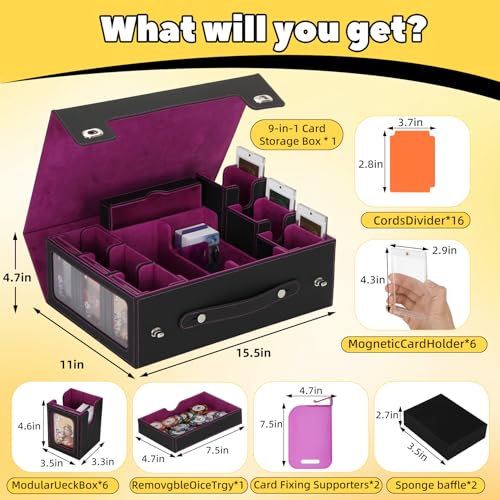 MTG Commander Deck Box with Handle, 6Removable Boxes,2-Row Case & Dice Tray | 9-in-1 Large Card Storage Box, Holds 1400+ Double-Sleeved Cards, Display Window,Mag Holders, Latch Closure,Fit TCG/EDH,Purple - color: Purple