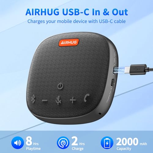 AIRHUG Conference Speaker and Microphone, Bluetooth Speakerphone with 360° Voice Pickup, Advanced Noise Reduction, USB-C Plug & Play, Compatible with Zoom and MS Team