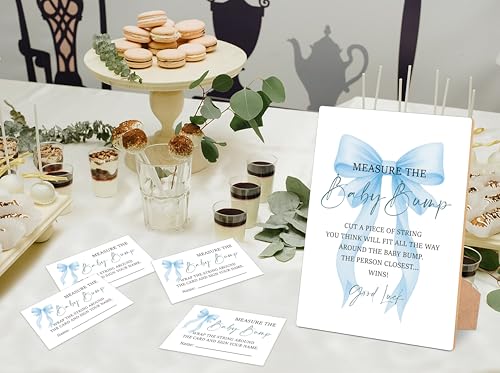 Blue Bow Measure the Baby Bump Game, Pack of 1 Wooden Tabletop Sign with Stand and 50 Guessing Cards, Blue Coquette Bow Baby Shower Game, Gender Reveal Party Decorations - HC02 - color: Measure the Baby Bump