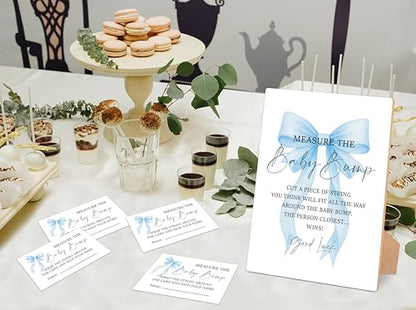 Blue Bow Measure the Baby Bump Game, Pack of 1 Wooden Tabletop Sign with Stand and 50 Guessing Cards, Blue Coquette Bow Baby Shower Game, Gender Reveal Party Decorations - HC02 - color: Measure the Baby Bump