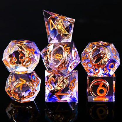 Ring DND Dice Set Sharp Edge Resin Dice,Golden Ring Inclusion Suitable for Lord of the Ring D&D Dice RPG Role Playing Games Suitable for Dungeons and Dragons Polyhedral Dice Set（Purple） - color: Purple