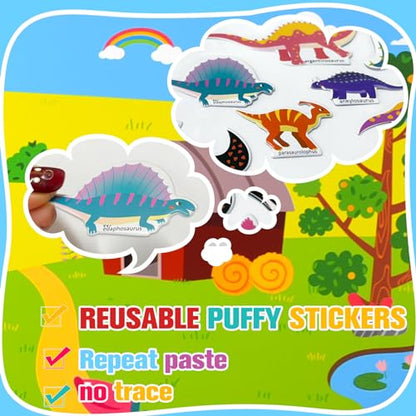 ASTARON 3 Pack Reusable 3D Puffy Sticker Book for Kids 3-6, Jelly Sticker Game Educational Sensory Learning Toy,Travel Stickers and Busy Book - style: Vehicle Animals Dinosaur