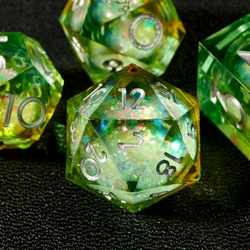 Polyhedral Dice Set,7-Piece Sharp Edge D&D Dice,Resin Liquid Core Dice for Dungeons Dragons D and D RPGs, MTG, Pathfinder and Board Games (Glittering Apple Green) - color: Resin Quicksand Green