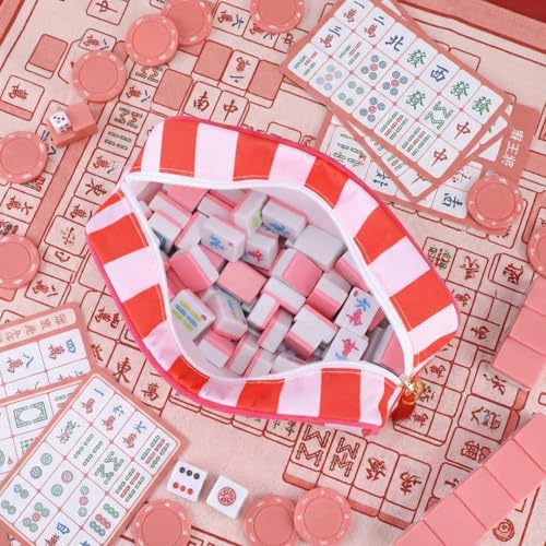 Sanwuta 1 Pcs Mahjong Tile Bag with Zipper,Red, Purple,Striped | Embroidered Mahjong Case for 166 American Mahjong Tiles (1.2") Portable Bags for Board Game Party Gathering Travel - color: Red, Purple, style: Classic