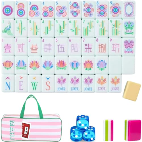 4 Layer Mahjong Tiles, 2026 Premium 160 Pcs Acrylic American Mahjong Tiles Set with Dice, Engraved Four Layer Mahjong Tile with Exquisite Carrying Bag, Home Trips Social Game (Lotus Peacock) - color: Lotus Peacock