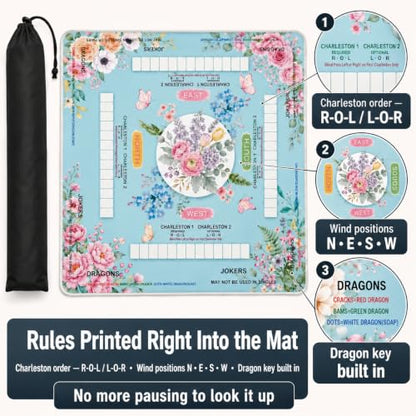 Blue Mahjong Mat for Table with Rules, 31.5" x 31.5", Anti-Slip | Neoprene Rubber Game Mat with Carrying Bag; Chinoiserie Mah Jong Table Cover for Board, Poker, Card Games and Gifts for Women - color: Blue