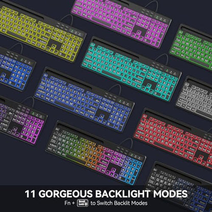 MARVO Large Print Backlit Keyboard, WK712 Wired Computer Keyboards with 7 Colors & 11 Modes Backlight, Tablet Phone Holder and Quiet Light Up Keys, Full-Size Gaming Keyboard for Windows, Mac