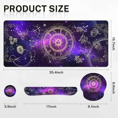 Arttown Keyboard Mouse Pad Set, 4 in 1 Desk Mat Set Galaxy Space | Astrology Sun Large Mousepad+Keyboard Wrist Rest+Mouse Wrist Rest+Coaster Ergonomic Design for Home Office Computer - color: Galaxy Constellation