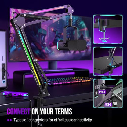 FIFINE Microphone Boom Arm, Metal Adjustable Mic Arm Stand with RGB Control, 3/8” to 5/8” Screw Adapter, Desk Mount Clamp, Suspension Scissor Mic Stand for Gaming Streaming Podcast-AmpliGame BM38 | Gaming RGB Mic Arm, Desk Mount Clamp, 3/8” to 5/8” Screw