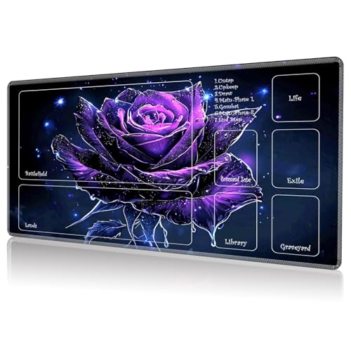 Playmat for MTG, Game Play Mat with Zones for MTG TCG Card Game Playing 24 x 14 inches Trading Card Game Playmats Non-Slip Rubber Base and Stitched Mousepad Desk Mats, Purple Galaxy Rose - color: Purple Galaxy Rose, size: Zones