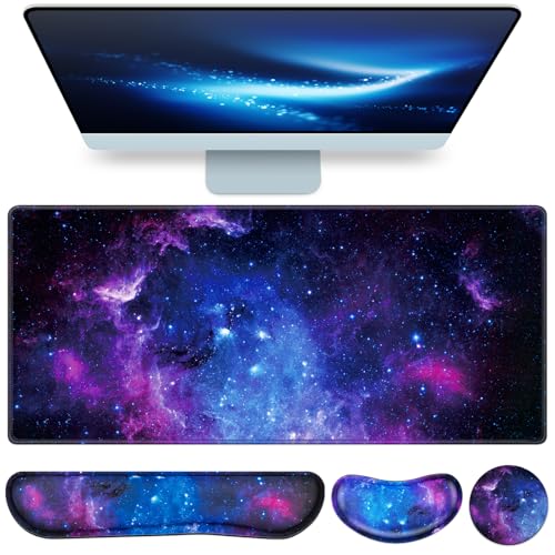 Mouse Pad Galaxy with Wrist Rest, 4-in-1 Large Mousepad+Keyboard Wrist Rest+Mouse Pad Wrist Support+Cup Pad Set,Ergonomic Mouse Pad,Anti-Slip,Memory Foam Desk Mat for Home Office Gaming(35.4×15.7in) - color: Galaxy
