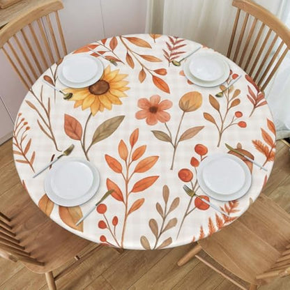 Famame Fall Foliage Sunflower on Plaid Round Fitted Tablecloth with Elastic Protector Table Kitchen Dinner Waterproof Oil-Proof Table Covers Fits 40"-44", Small - color: Fall Foliage Sunflower, size: Small (40"-44")