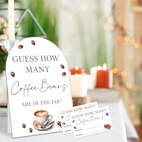 Guess How Many Coffee Beans Are In The Jar Game Set, 50 Guess Cards With 1 Standing Sign, Coffee Themed Baby Shower Wedding Bridal Shower Birthday Party Decor & Activity Supplies - A11 - color: Coffee