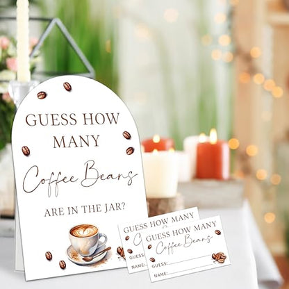 Guess How Many Coffee Beans Are In The Jar Game Set, 50 Guess Cards With 1 Standing Sign, Coffee Themed Baby Shower Wedding Bridal Shower Birthday Party Decor & Activity Supplies - A11 - color: Coffee
