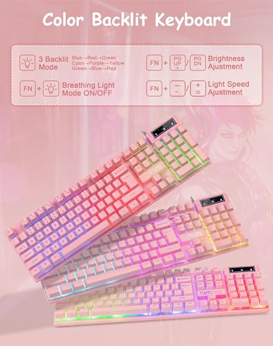 Wired Pink Gaming Keyboard and Mouse Combo with LED Backlit for PC Laptop | Multimedia Function Keys, 19 Key Anti-ghosting, Number Pad, 104 Keys Light Up Keyboard & RGB Mouse Set for Computer PS5 Xbox