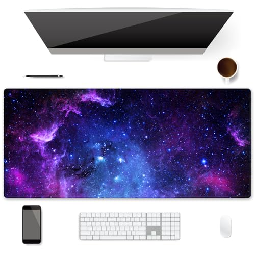 XXL Waterproof Office Desk Pad Protector 35.4x15.7 Inch - Extended Gaming Mouse Pad with Non-Slip Rubber Base, Thickened Keyboard Mat, Stitched Edges & Galaxy Star Design - color: Purple
