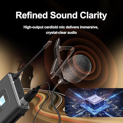 Gimkuls Dual-Channel UHF Wireless Lavalier Microphone System for Church | Complete 4-in-1 Kit: 2 Bodypacks, 2 Headset Mics, 2 Lapel Mics, 200 Frequencies, XLR/6.35 mm for Teaching and Presentations