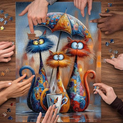 Cat Jigsaw Puzzles 1000 Pieces, PICKFORU Funny Kitten Puzzle for Adults Umbrella, Hard Cute Animal Art Theme as Home Decor