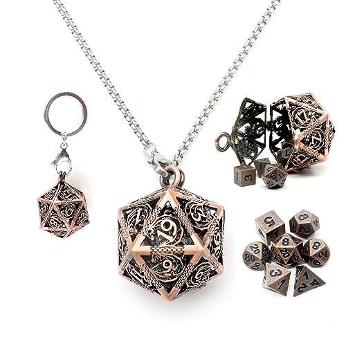 Haxtec Mini Metal DND Dice Set, D20 Hollow Cage Pendant Necklace & Keying | Portable 6mm Micro 7PCS D&D Dice, Cool Charm DND Accessories, For RPG Travel, Unique Gifts for Dungeons and Dragons Players - color: Antique Copper