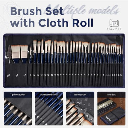 Nicpro 36pcs Paint Brush Set for Acrylic Painting, Oil, Watercolor, Gouache | 9 Shapes No Shedding Synthetic Bristles with Palette Knife and Canvas Roll, Professional Painting Supplies for Artists - color: Blue