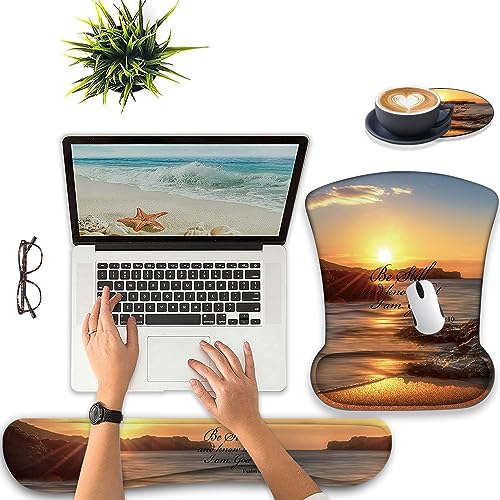 Keyboard Wrist Support + Wrist Mousepad + Coaster Combination, Non-Slip PU Base, with Gel Memory Mousepad, Suitable for Gaming, Office Pain Relief Mousepad Set - Sunset Beach - color: Sunset Beach