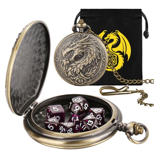 Mini DND Dice Set with Steampunk Dragon Large Pocket Watch Shell Case, 7-Piece Polyhedral Acrylic D&D Dice, DND Gift Bag with Dragon Logo, Role Play Board Game Accessories, Bronze + Purple - color: Bronze + Purple