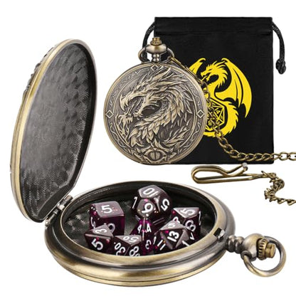 Mini DND Dice Set with Steampunk Dragon Large Pocket Watch Shell Case, 7-Piece Polyhedral Acrylic D&D Dice, DND Gift Bag with Dragon Logo, Role Play Board Game Accessories, Bronze + Purple - color: Bronze + Purple