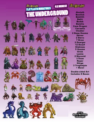 Arcknight Flat Plastic Miniatures: Underground; 62 Unique Subterranean-Themed Minis for DND 5e and Pathfinder; Affordable, Skinny Figurines for Dungeons and Dragons and Other Tabletop RPG Games