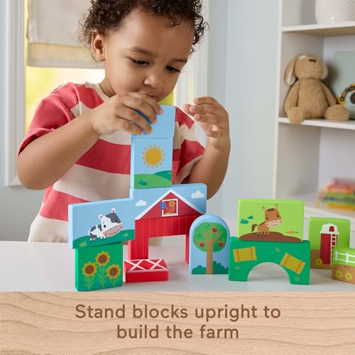 Fisher-Price Wood Toddler Toy Farm Blocks Puzzle, 14-Piece Wooden Activity for Developmental Play Preschool Kids Ages 2+ Years