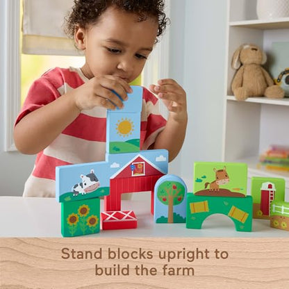 Fisher-Price Wood Toddler Toy Farm Blocks Puzzle, 14-Piece Wooden Activity for Developmental Play Preschool Kids Ages 2+ Years