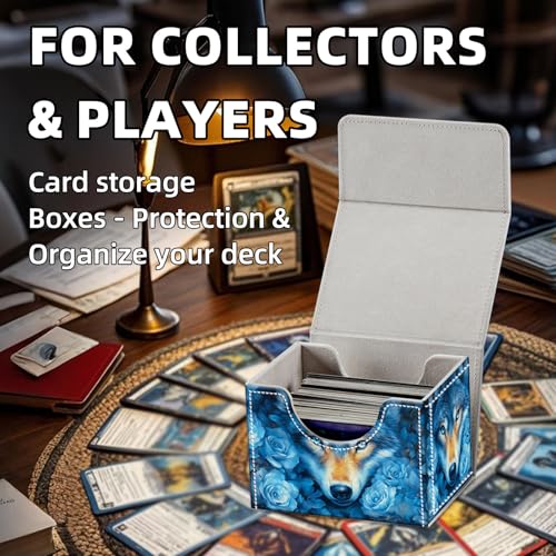 Trading Card Storage Box, Holds 100+ for MTG Cards, PU Leather with Magnetic Closure, Blue Wolf with Roses Fantasy Durable Deck Box for Magic the Gathering, Trading Card Games - color: Blue Wolf with Roses Fantasy