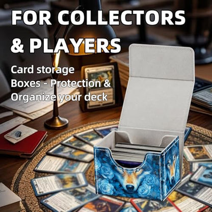 Trading Card Storage Box, Holds 100+ for MTG Cards, PU Leather with Magnetic Closure, Blue Wolf with Roses Fantasy Durable Deck Box for Magic the Gathering, Trading Card Games - color: Blue Wolf with Roses Fantasy