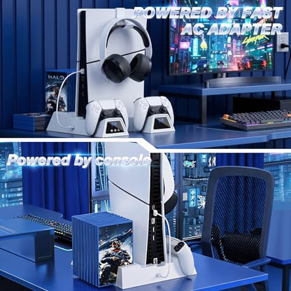 Stand and Cooling Station for PS5/PS5 Slim/PS5 Pro, with Dual Controller Charging Station for PlayStation 5 - color: Soft White