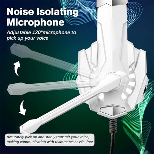 LICAEVEY Gaming Headset, Over Ear Headphone with Noise Cancellation Mic, LED Light, 40mm Drivers, 120 Adjustable Mic for PC, Laptop, Phone, Console (White) - color: White