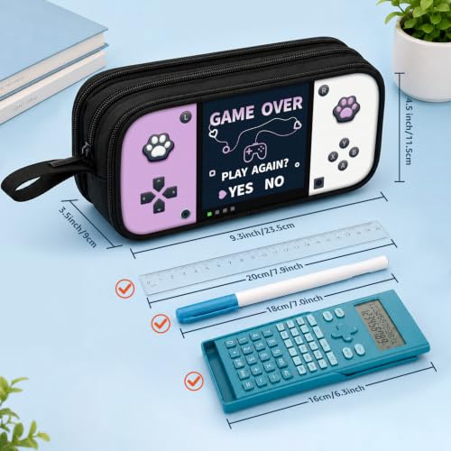 Game Controller Pencil Case for Boys Kids Teens, Large Capacity Pencil Pouch with 3 Compartments, 7 Pockets and Label Pocket for School College Office Travel (Purple & White) - color: Purple&White