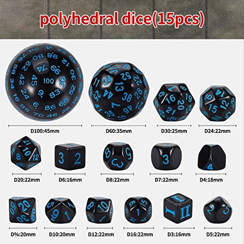 CiaraQ DND Polyhedral Dice Set (15pcs) D4-D100 Game Dice with Dice Bag | Acrylic Role Playing Dice for Dungeons and Dragons MTG Table Games (Black & Blue) - color: Black & Blue