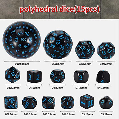CiaraQ DND Polyhedral Dice Set (15pcs) D4-D100 Game Dice with Dice Bag | Acrylic Role Playing Dice for Dungeons and Dragons MTG Table Games (Black & Blue) - color: Black & Blue