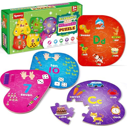SYNARRY Number and Alphabet Puzzles for Kids Ages 3-5, ABC Learning for Toddlers Ages 3+, Preschool Activities Letter Puzzles Montessori Educational Toys Gifts for 4 5 6 7 8 Year Old Boys Girls - style: ABC+numbers(special-shaped)