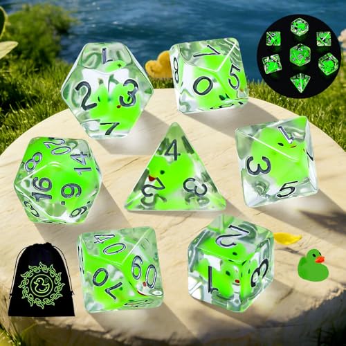 7-Piece Duck Dice Set with Velvet Bag, Green Translucent Polyhedral RPG Dice for Dungeons and Dragons, Board Games, Tabletop Gaming, Love Theme, Adult Collector's Gift