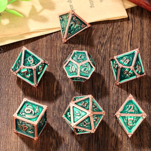 Metal Dice Set, Fly Dragon Pattern, 7pcs Polyhedral Metal DND Dice Set, DND Starter Set, D&D Gifts with Gift Box, Role Playing Board Games Accessories, Green ﻿ - color: Green